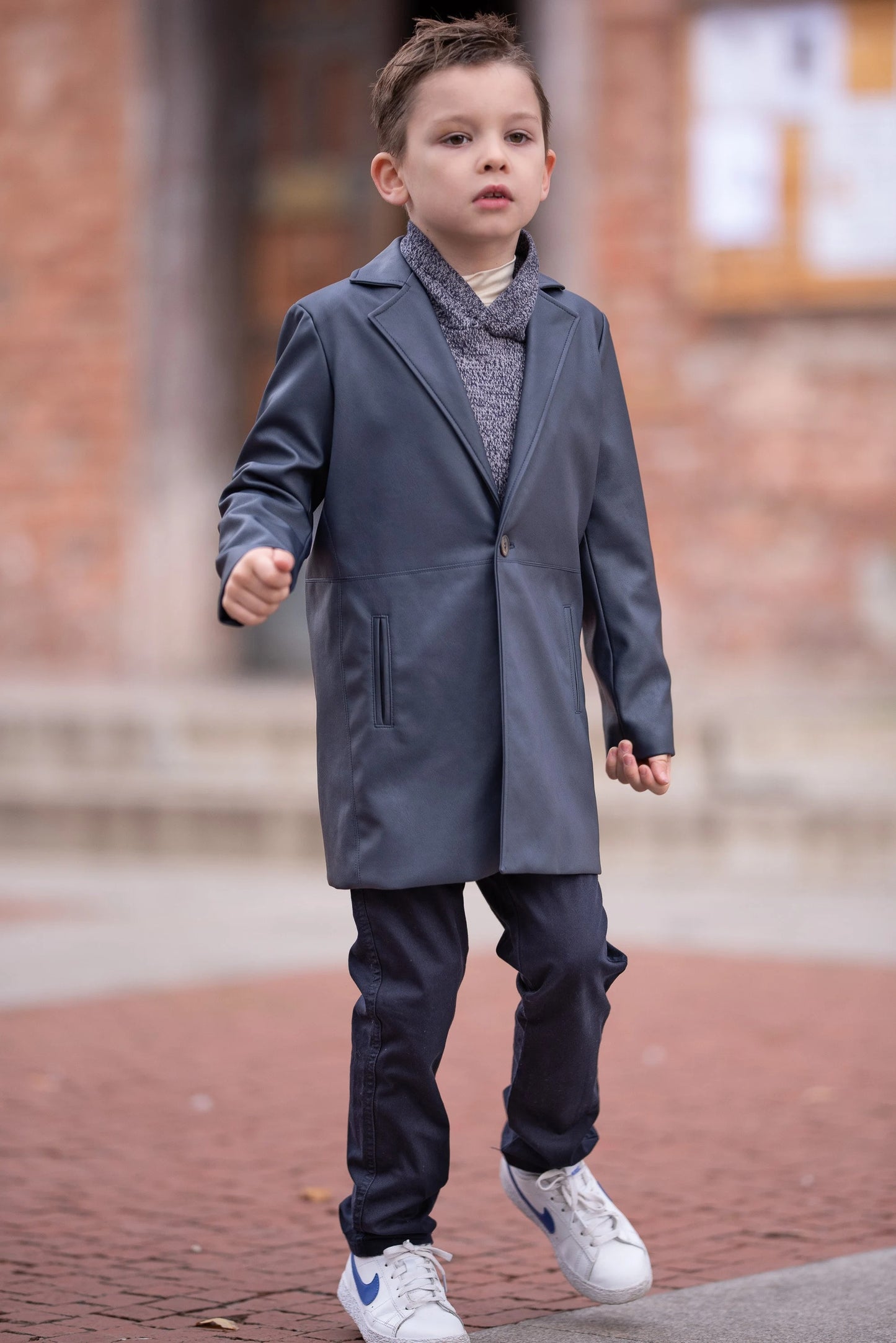 Boys Navy Faux Leather Long Coat, Modern Formal Wear Kids Winter Jacket