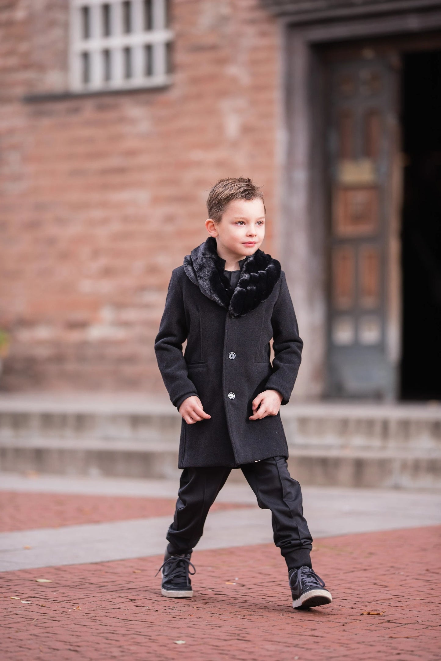 Boys Black Wool Coat with Removable Faux Fur Collar , Luxury Winter Formal Coat