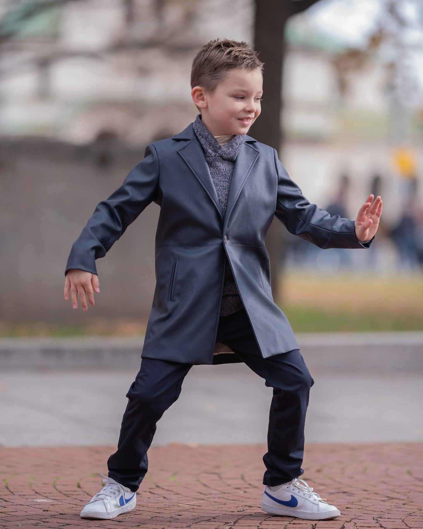 Boys Navy Faux Leather Long Coat, Modern Formal Wear Kids Winter Jacket