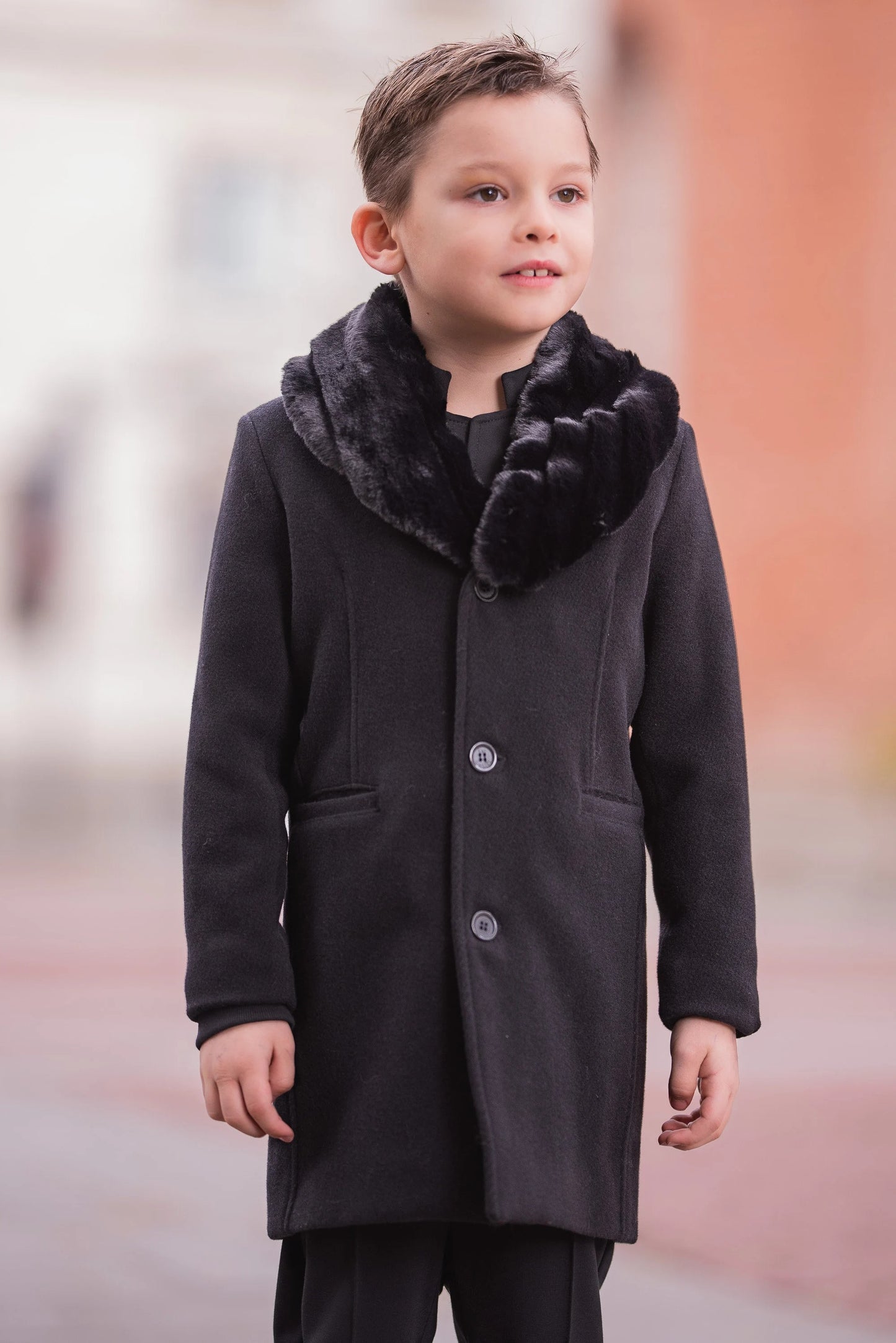 Boys Black Wool Coat with Removable Faux Fur Collar , Luxury Winter Formal Coat
