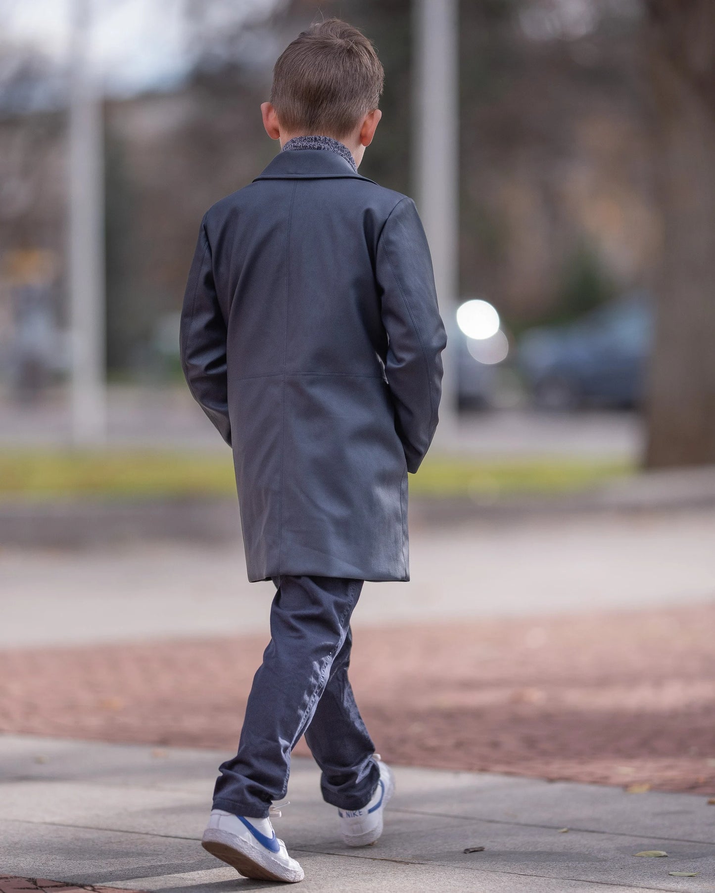 Boys Navy Faux Leather Long Coat, Modern Formal Wear Kids Winter Jacket