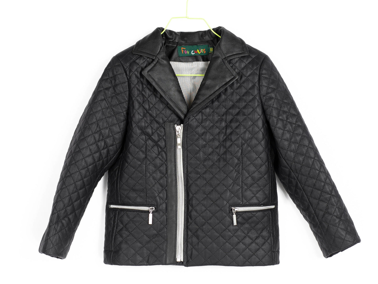 Boys Black Faux Leather Quilted Jacket,  Trendy Kids Blazer Style Zip-Up Coat