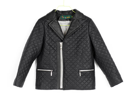 Boys Black Faux Leather Quilted Jacket,  Trendy Kids Blazer Style Zip-Up Coat