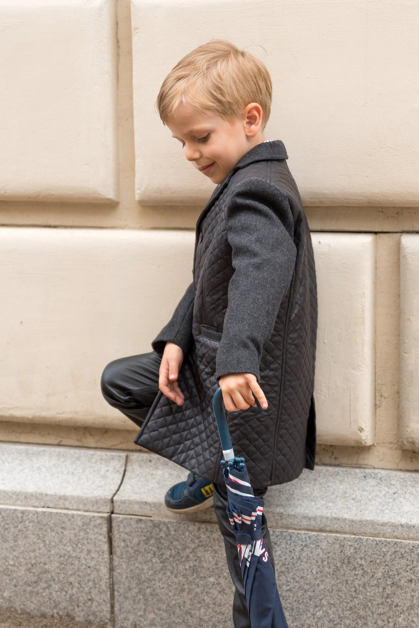 Toddler Boy Wool Blend Coat with Quilted Faux Leather