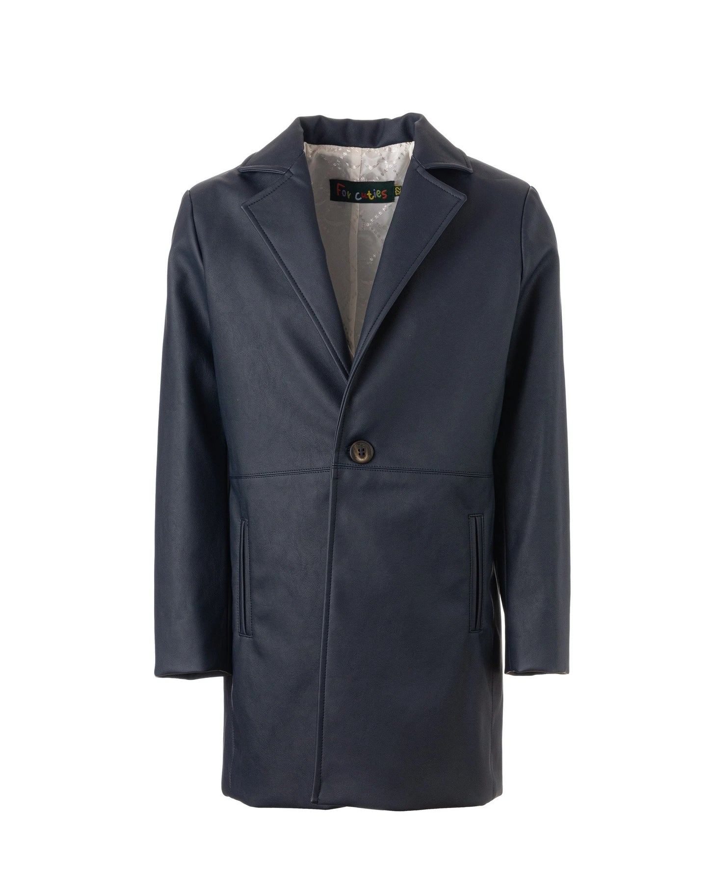 Boys Navy Faux Leather Long Coat, Modern Formal Wear Kids Winter Jacket
