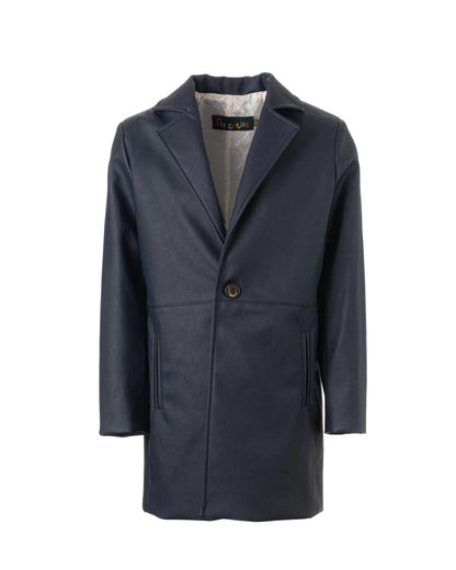 Boys Navy Faux Leather Long Coat, Modern Formal Wear Kids Winter Jacket