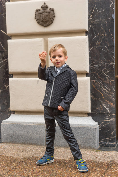 Boys Black Faux Leather Quilted Jacket,  Trendy Kids Blazer Style Zip-Up Coat