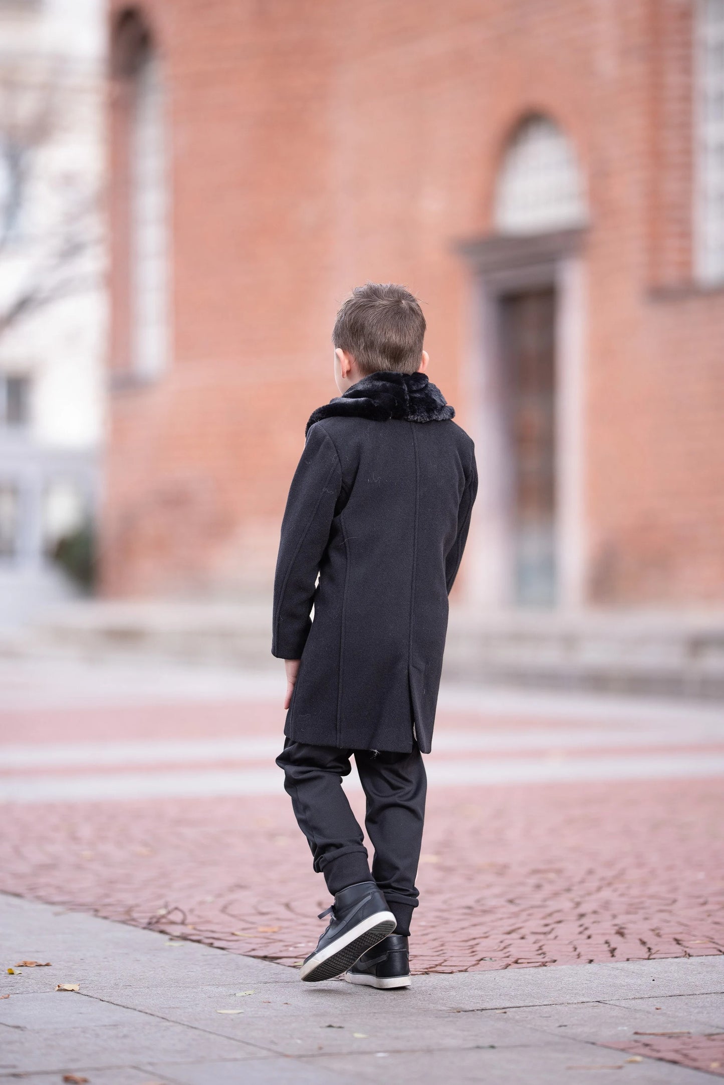 Boys Black Wool Coat with Removable Faux Fur Collar , Luxury Winter Formal Coat