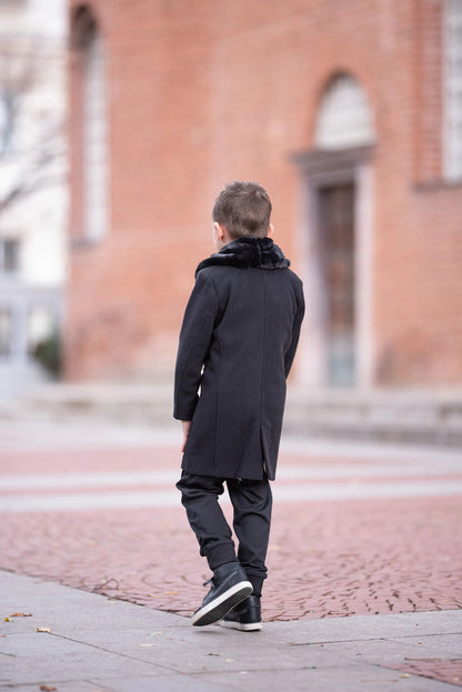 Boys Black Wool Coat with Removable Faux Fur Collar , Luxury Winter Formal Coat