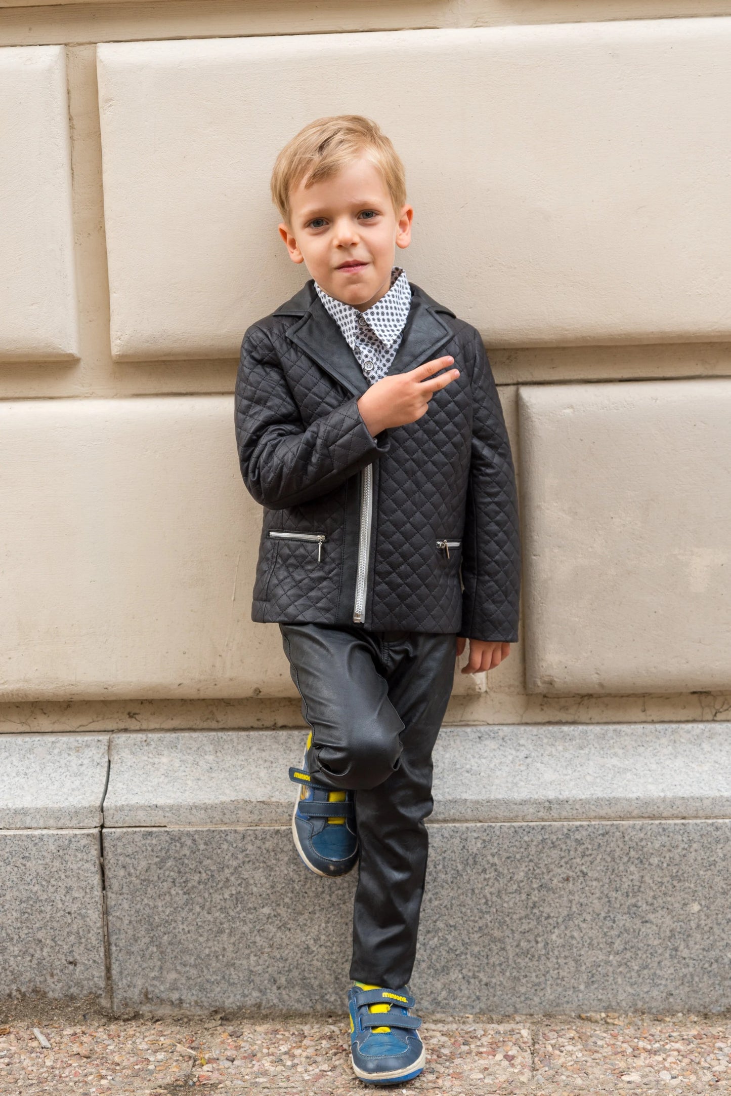 Boys Black Faux Leather Quilted Jacket,  Trendy Kids Blazer Style Zip-Up Coat