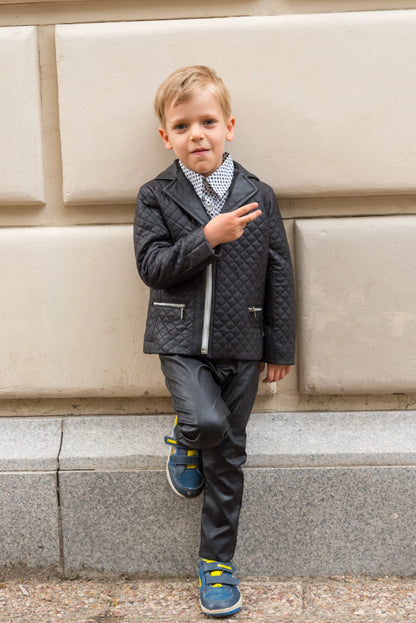 Boys Black Faux Leather Quilted Jacket,  Trendy Kids Blazer Style Zip-Up Coat