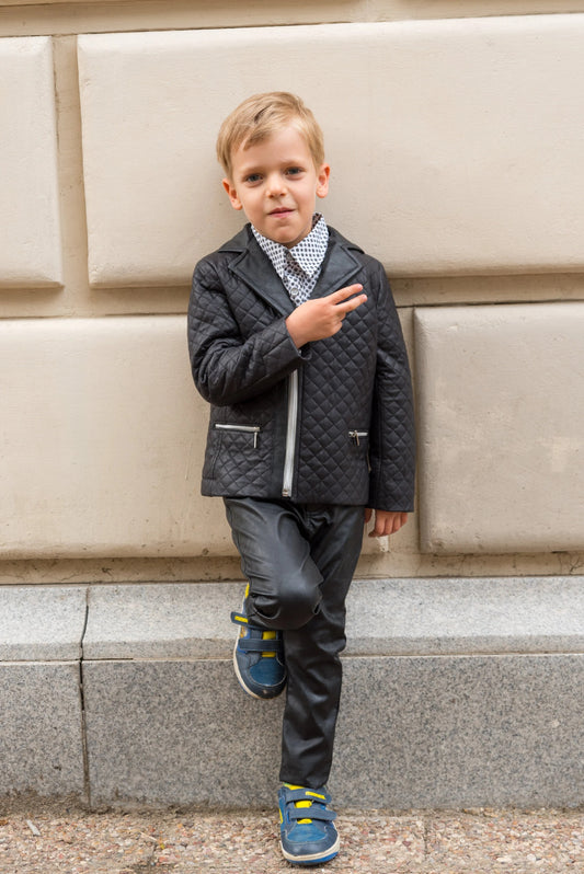 Boys Black Faux Leather Quilted Jacket,  Trendy Kids Blazer Style Zip-Up Coat