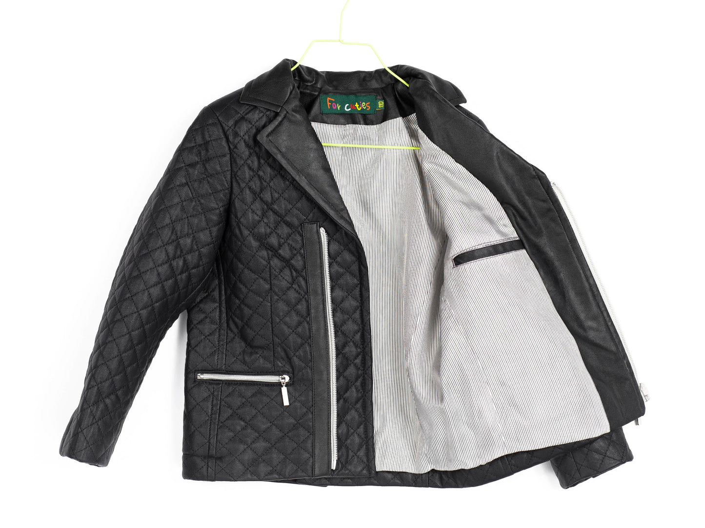 Boys Black Faux Leather Quilted Jacket,  Trendy Kids Blazer Style Zip-Up Coat