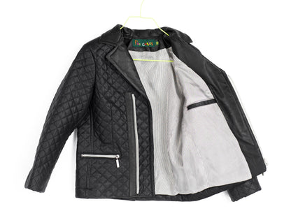 Boys Black Faux Leather Quilted Jacket,  Trendy Kids Blazer Style Zip-Up Coat