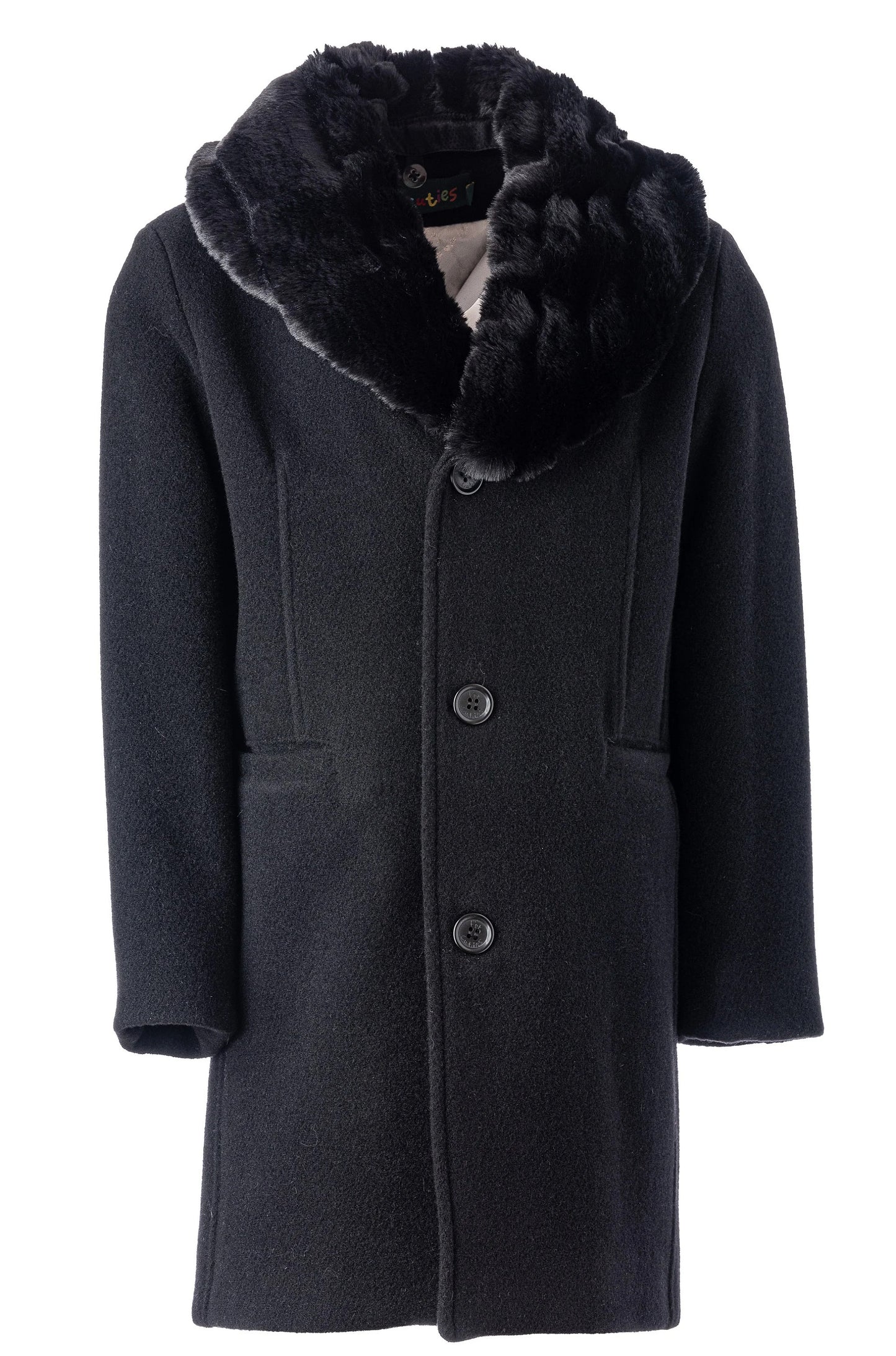 Boys Black Wool Coat with Removable Faux Fur Collar , Luxury Winter Formal Coat