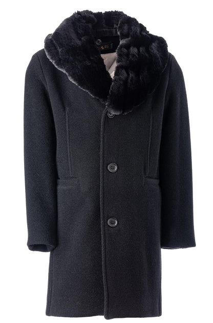 Boys Black Wool Coat with Removable Faux Fur Collar , Luxury Winter Formal Coat