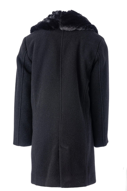 Boys Black Wool Coat with Removable Faux Fur Collar , Luxury Winter Formal Coat