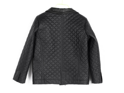 Boys Black Faux Leather Quilted Jacket,  Trendy Kids Blazer Style Zip-Up Coat
