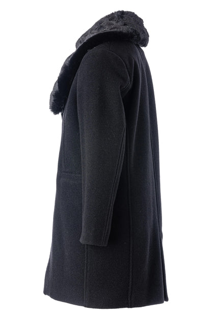 Boys Black Wool Coat with Removable Faux Fur Collar , Luxury Winter Formal Coat